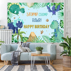 Lofaris Green Leaves Stomp Chomp Rawr Blue Happy Birthday Backdrop