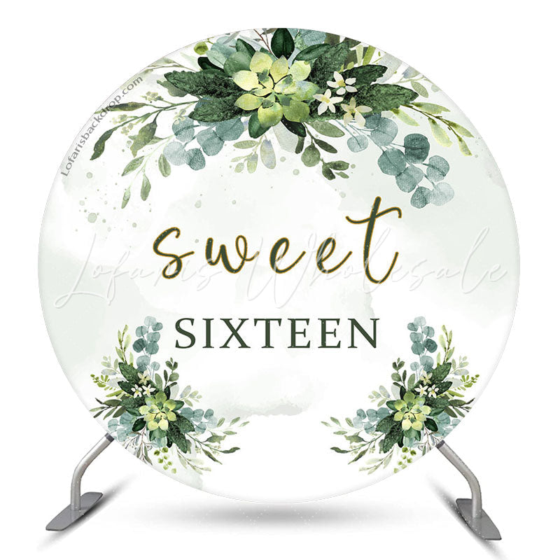 Lofaris Green Leaves Sweet Sixteen Round Birthday Backdrop
