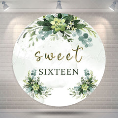 Lofaris Green Leaves Sweet Sixteen Round Birthday Backdrop