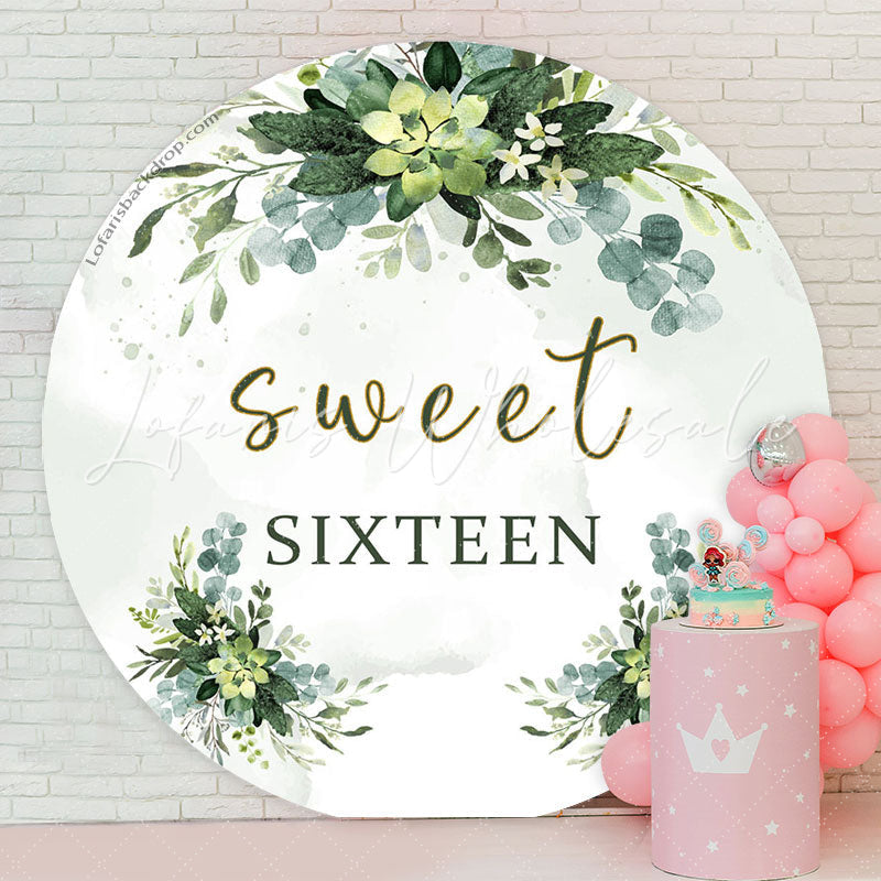 Lofaris Green Leaves Sweet Sixteen Round Birthday Backdrop