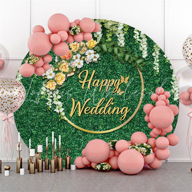 Lofaris Green Leaves White Floral Round Happy Wedding Backdrop