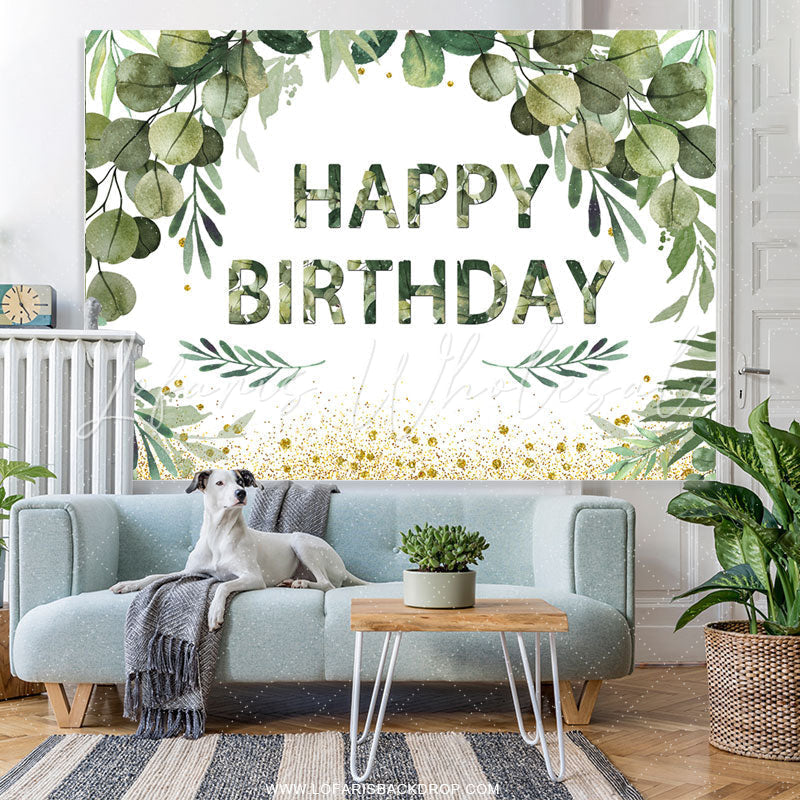 Lofaris Green Leaves With Golden Dots Happy Birthday Backdrop