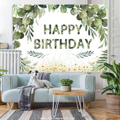 Lofaris Green Leaves With Golden Dots Happy Birthday Backdrop