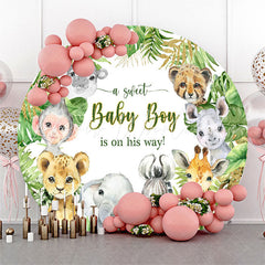 Lofaris Green Monstera Animals Round Baby Shower Backdrop
