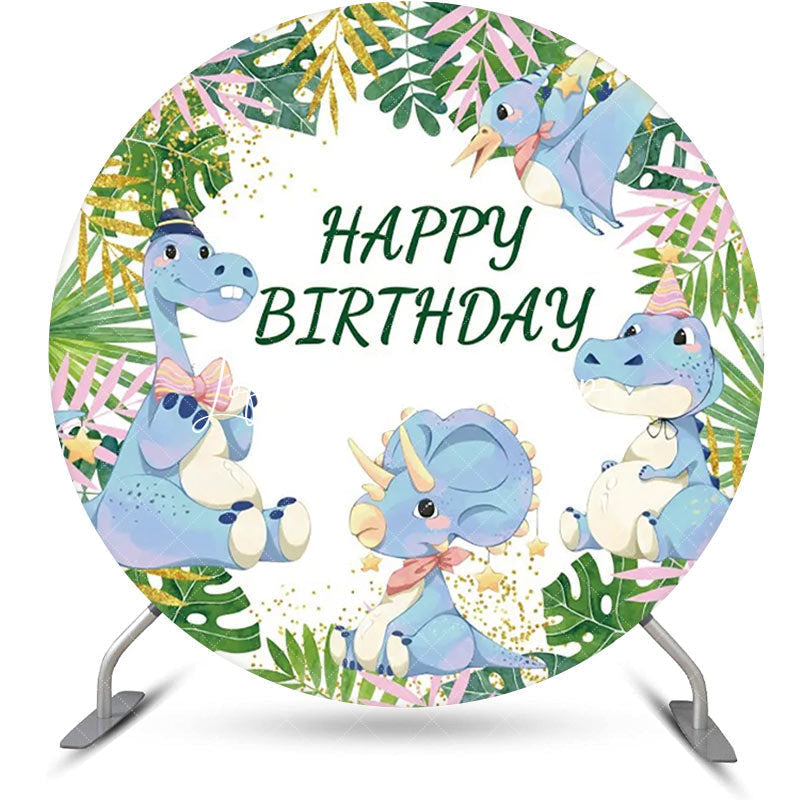 Lofaris Green Monstera Blue Dinosaur Round Birthday Backdrop