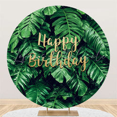 Lofaris Green Monstera Leaves Round Happy Birthday Backdrop