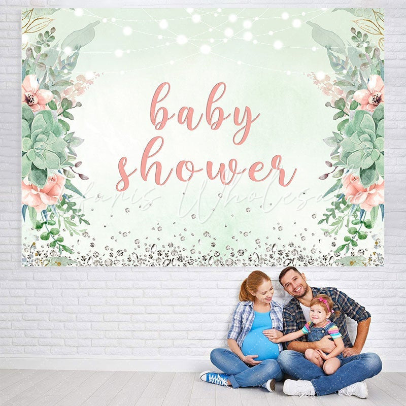 Lofaris Green Plant Glitter Baby Shower Backdrop for Photos