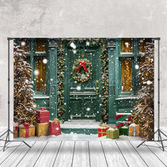 Lofaris Green Retro Door Tree Gifts Snowy Christmas Backdrop
