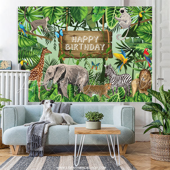 Lofaris Green Safari Animals Plants Happy Birthday Backdrop