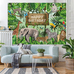 Lofaris Green Safari Animals Plants Happy Birthday Backdrop