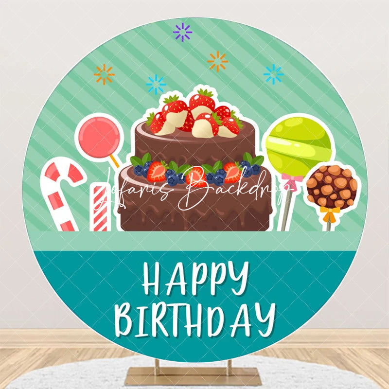Lofaris Green Stripe Candyland Cake Round Birthday Backdrop