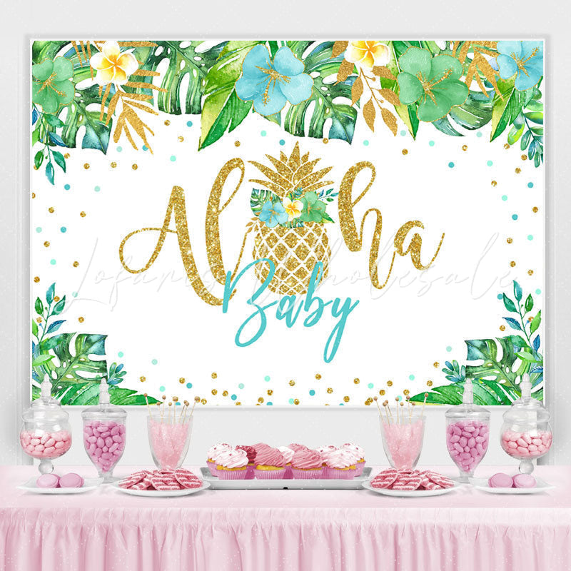 Lofaris Green Tropical Plant Golden Aloha Baby Shower Backdrop