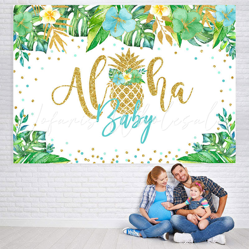 Lofaris Green Tropical Plant Golden Aloha Baby Shower Backdrop