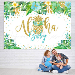 Lofaris Green Tropical Plant Golden Aloha Baby Shower Backdrop