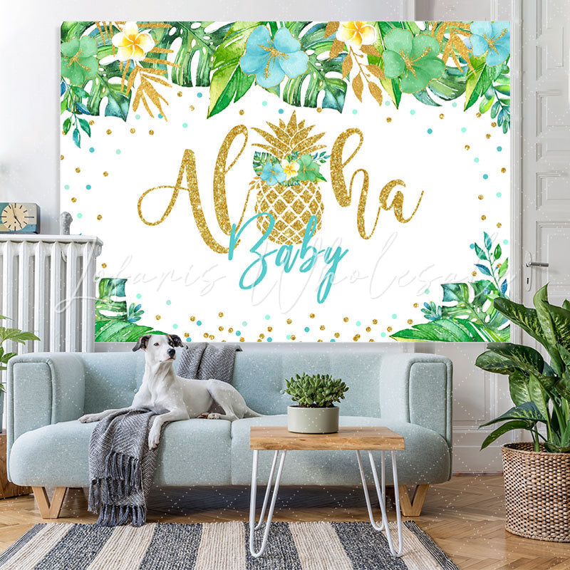 Lofaris Green Tropical Plant Golden Aloha Baby Shower Backdrop