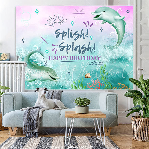 Lofaris Green Whale Under The Sea Happy Birthday Backdrop