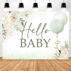 Lofaris Green White Floral Balloon Hello Baby Shower Backdrop