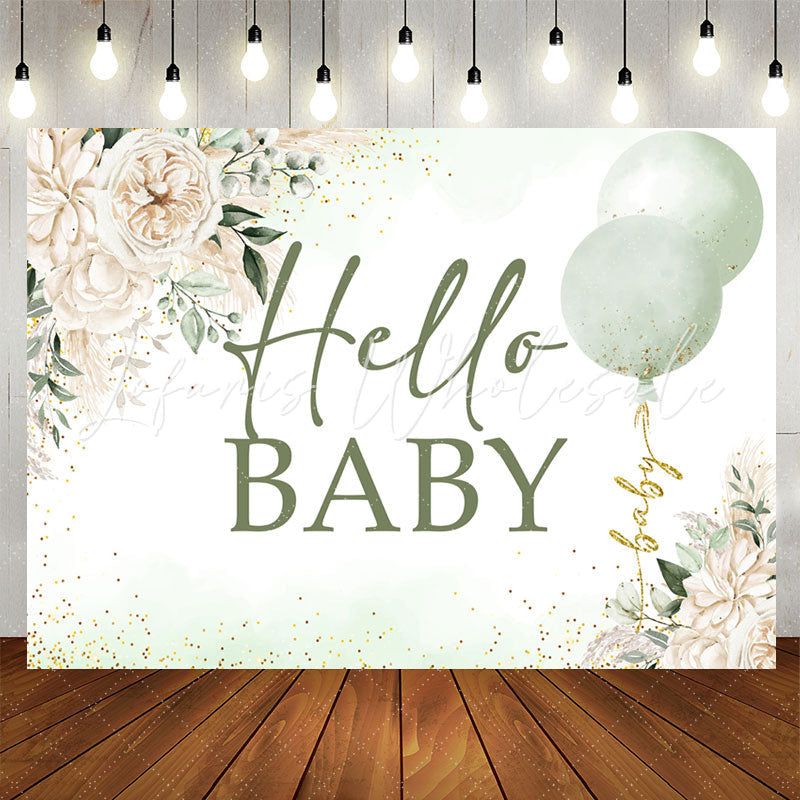 Lofaris Green White Floral Balloon Hello Baby Shower Backdrop