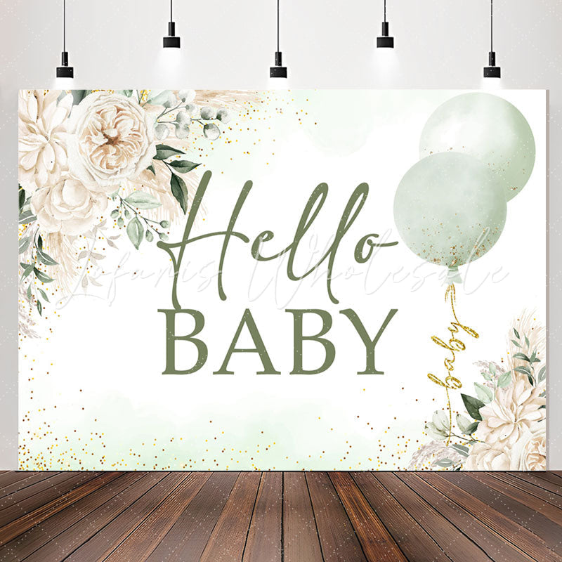 Lofaris Green White Floral Balloon Hello Baby Shower Backdrop