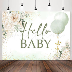 Lofaris Green White Floral Balloon Hello Baby Shower Backdrop