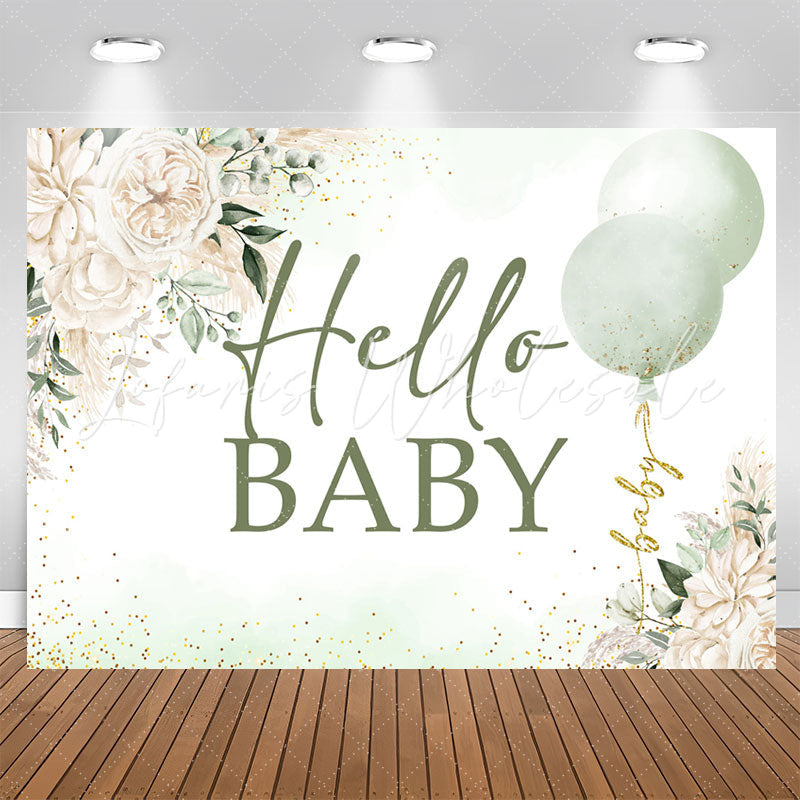 Lofaris Green White Floral Balloon Hello Baby Shower Backdrop