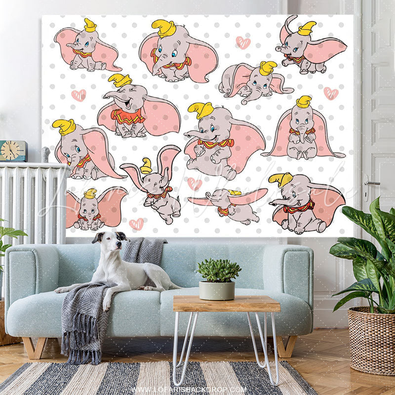 Lofaris Grey Spot And Love Fly Elephant Birthday Party Backdrop