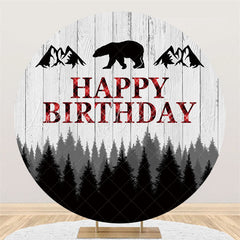 Lofaris Grey Wooden Forest Round A Bear Happy Birthday Backdrop