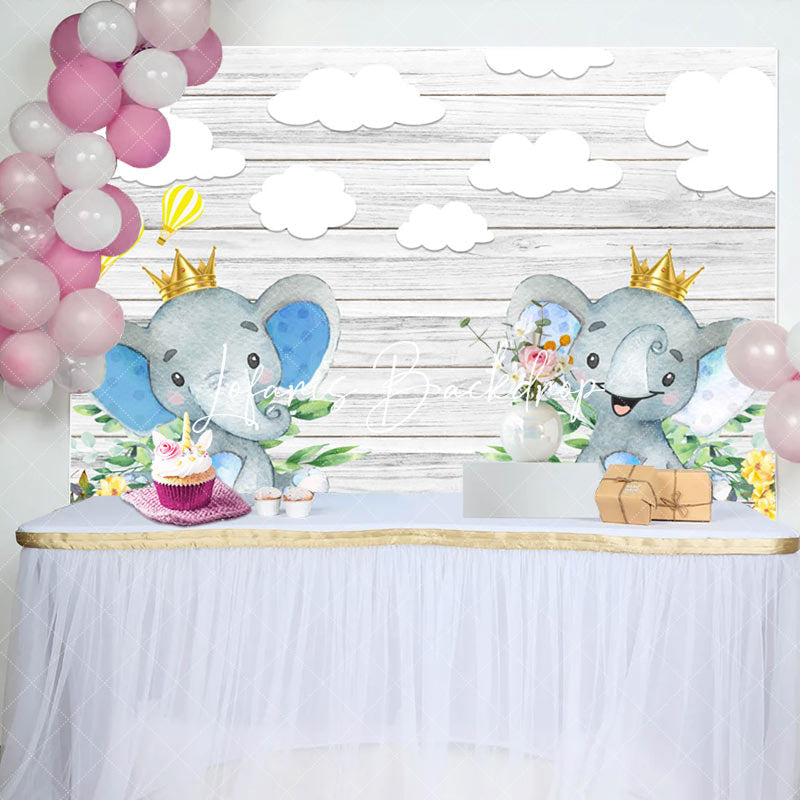 Lofaris Grey Wooden Wall Elephant Clouds Baby Shower Backdrop