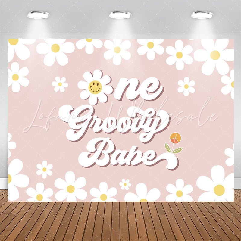 Lofaris Groovy Babe White Daisys Happy 1st Birthday Backdrop
