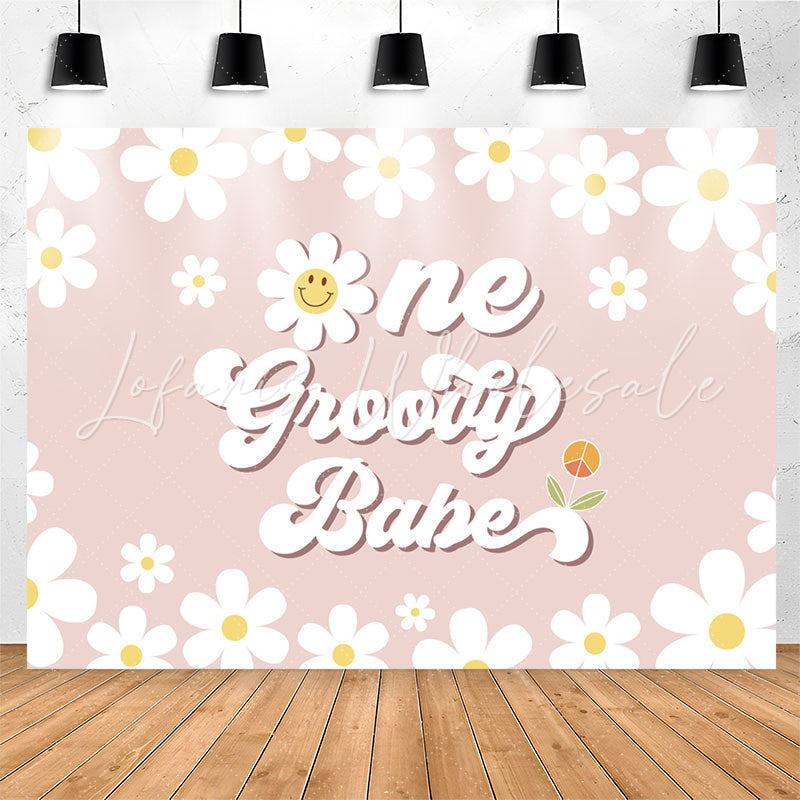 Lofaris Groovy Babe White Daisys Happy 1st Birthday Backdrop