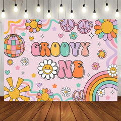Lofaris Groovy One Floral Rainbow 1st Girls Birthday Backdrop