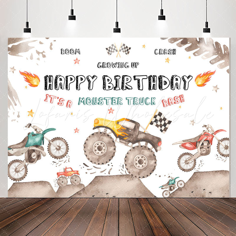 Lofaris Growing Up Monster Truck Bash Boy Birthday Backdrop