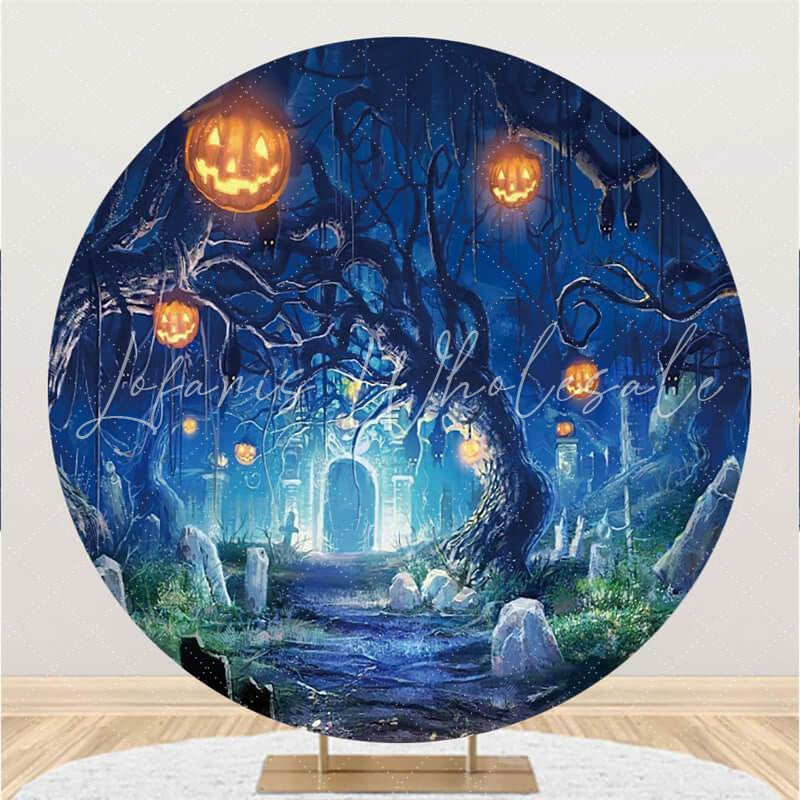 Lofaris Halloween Round Scary Night Castle Pumpkins Backdrop