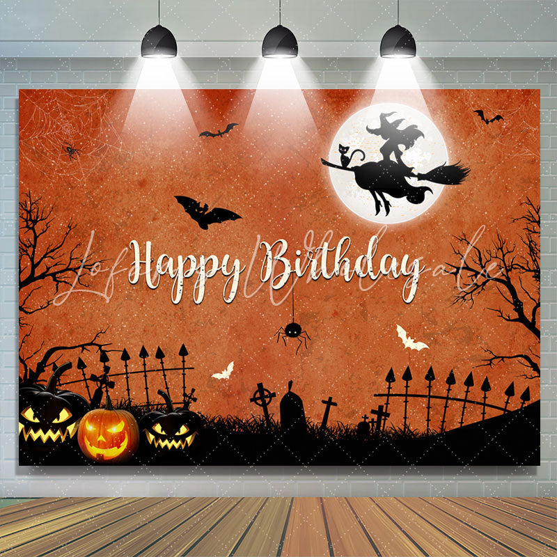 Lofaris Halloween Theme Witch Fly Orange Happy Birthday Backdrop
