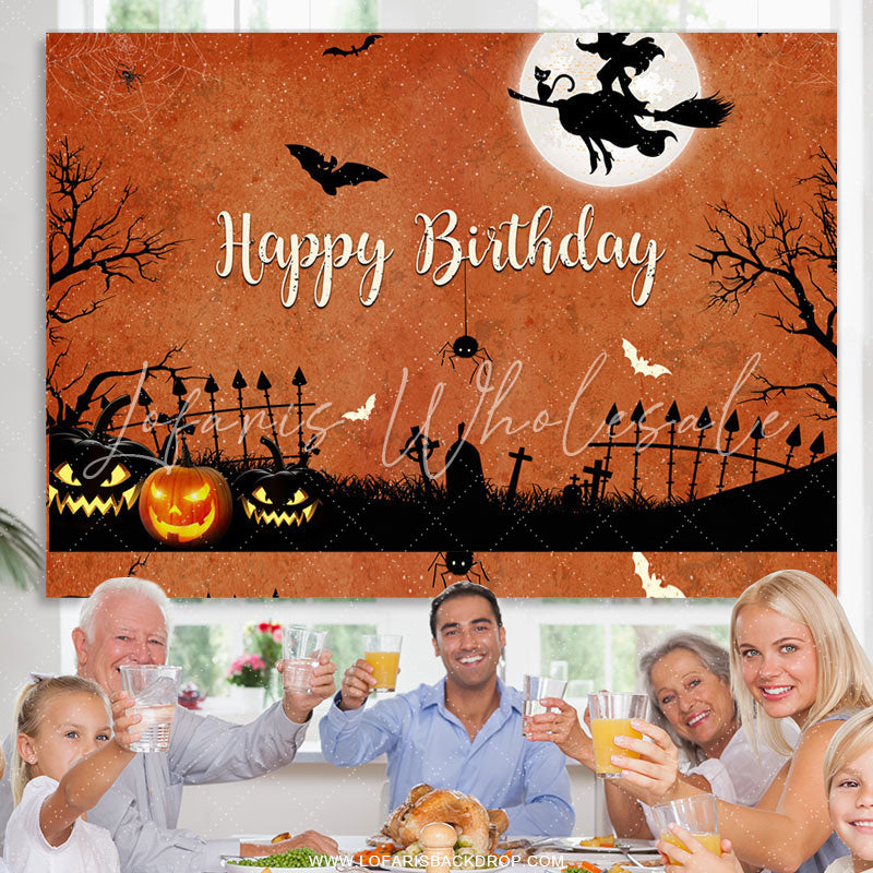 Lofaris Halloween Theme Witch Fly Orange Happy Birthday Backdrop