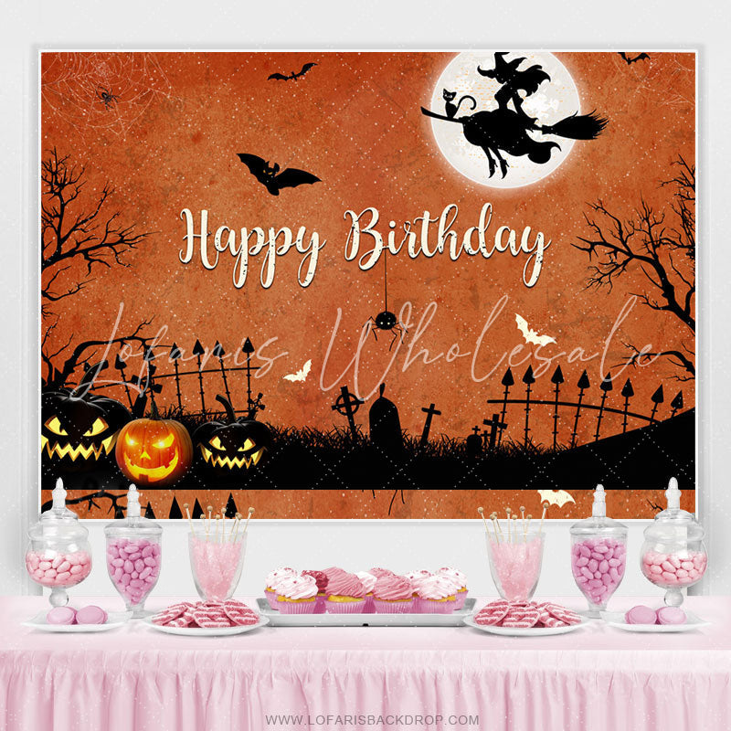 Lofaris Halloween Theme Witch Fly Orange Happy Birthday Backdrop