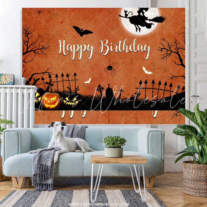 Lofaris Halloween Theme Witch Fly Orange Happy Birthday Backdrop