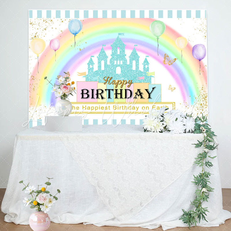 Lofaris Happiest Birthday On The Earth Rainbow Castle Backdrop
