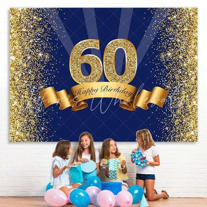 Lofaris Happy 60th Birthday Royal Blue Gold Glitter Backdrop for Photos