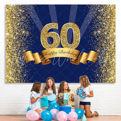 Lofaris Happy 60th Birthday Royal Blue Gold Glitter Backdrop for Photos