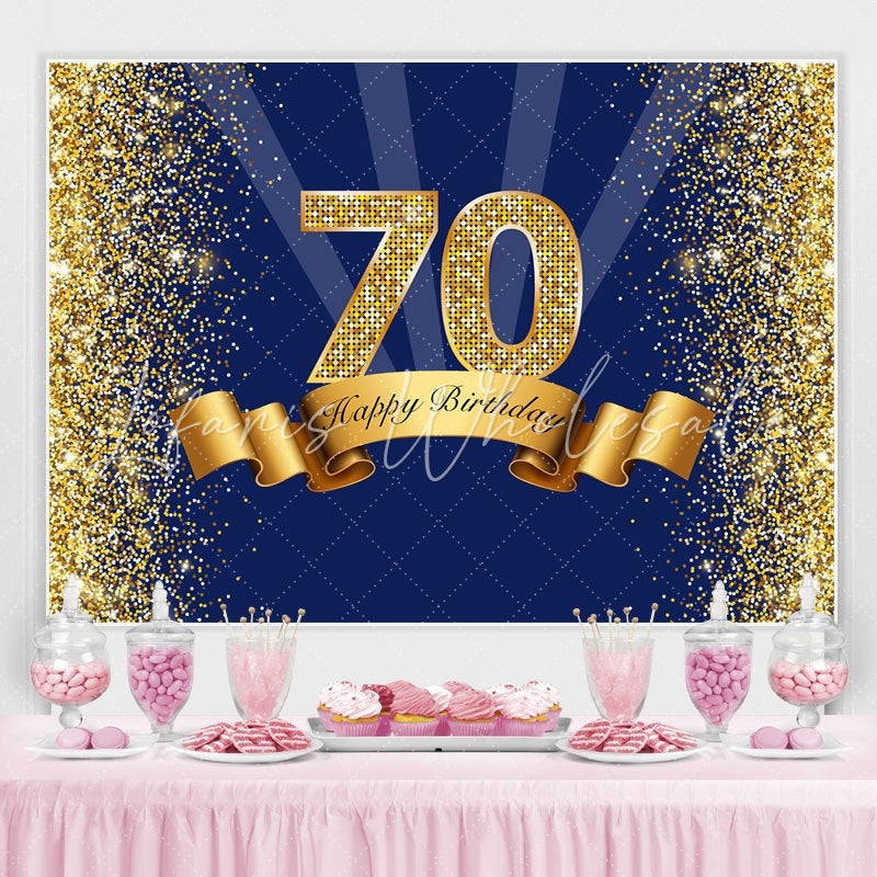 Lofaris Happy 70th Birthday Gold Glitter Royal Blue Backdrop for Photo