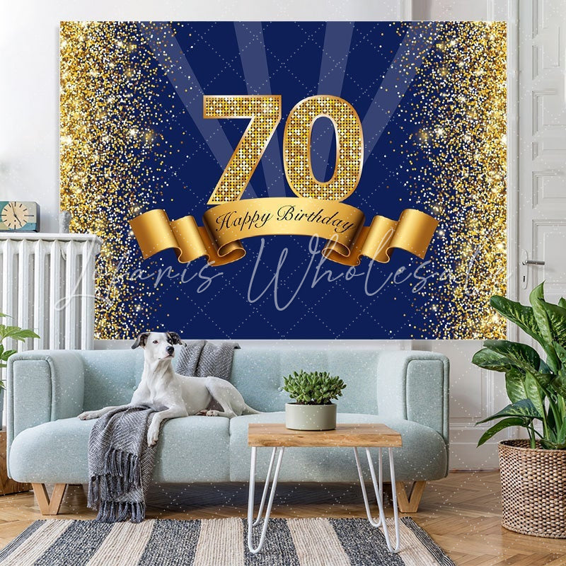 Lofaris Happy 70th Birthday Gold Glitter Royal Blue Backdrop for Photo