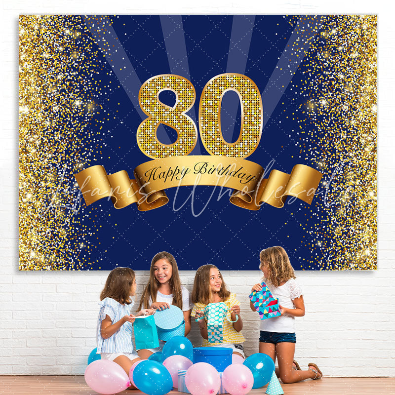 Lofaris Happy 80th Birthday Gold Glitter Royal Blue Backdrop for Party