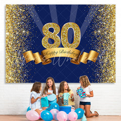 Lofaris Happy 80th Birthday Gold Glitter Royal Blue Backdrop for Party