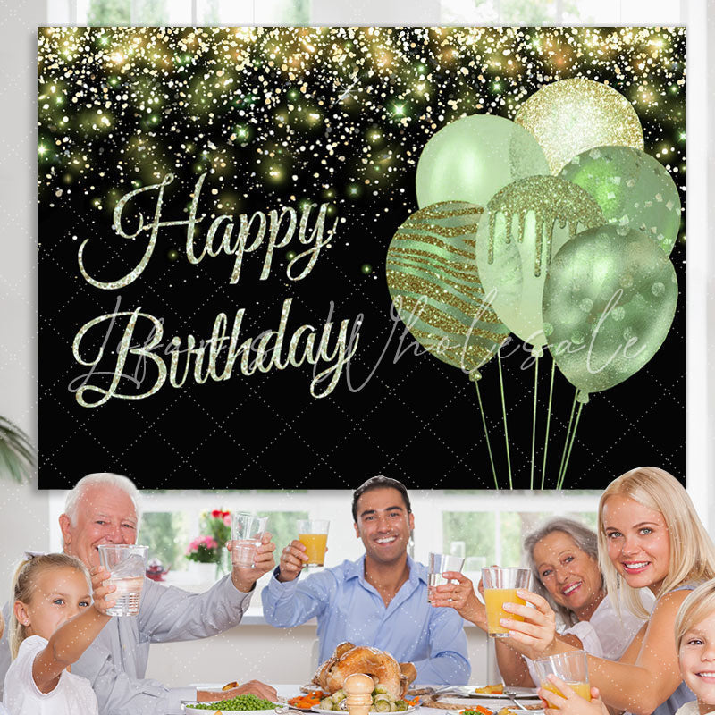 Lofaris Happy Birthday Balloon Green Glitter Black Party Backdrop