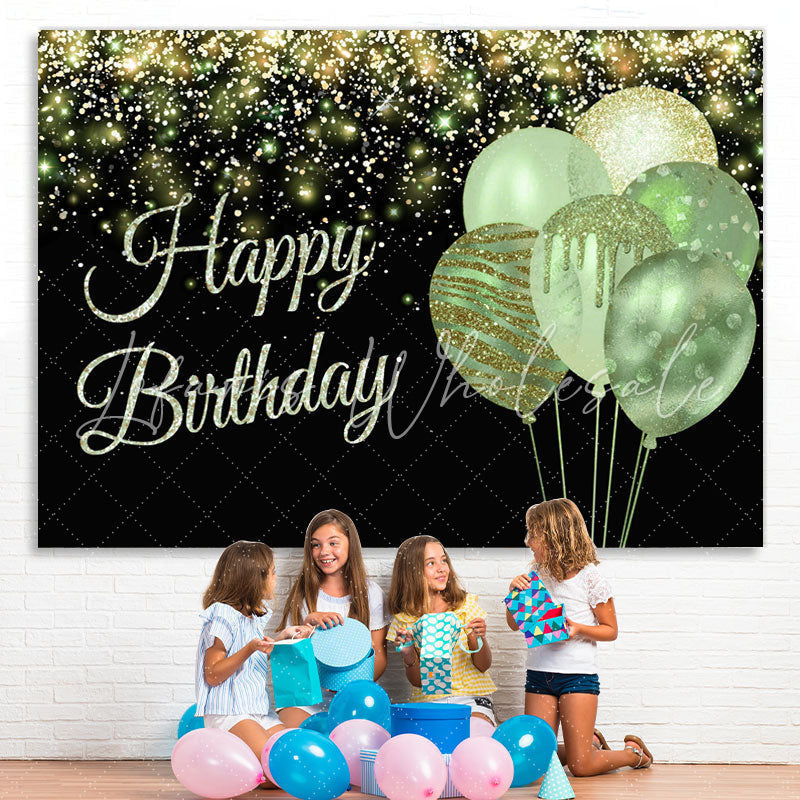 Lofaris Happy Birthday Balloon Green Glitter Black Party Backdrop