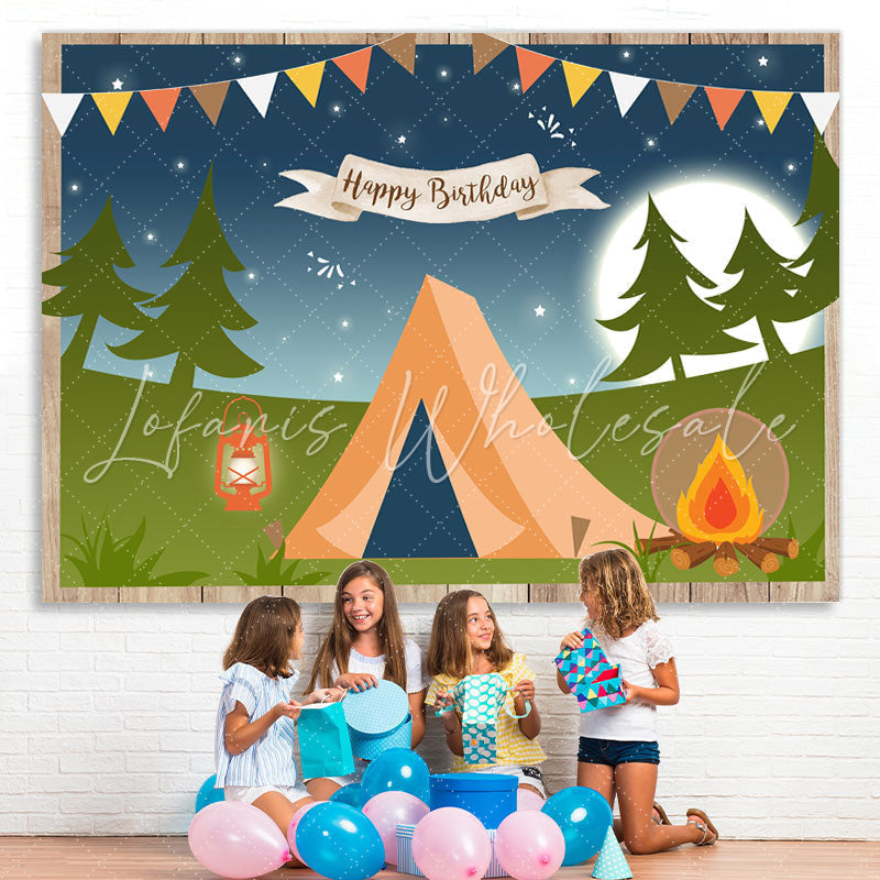 Lofaris Happy Birthday Camping Night Forest Cartoon Party Backdrop