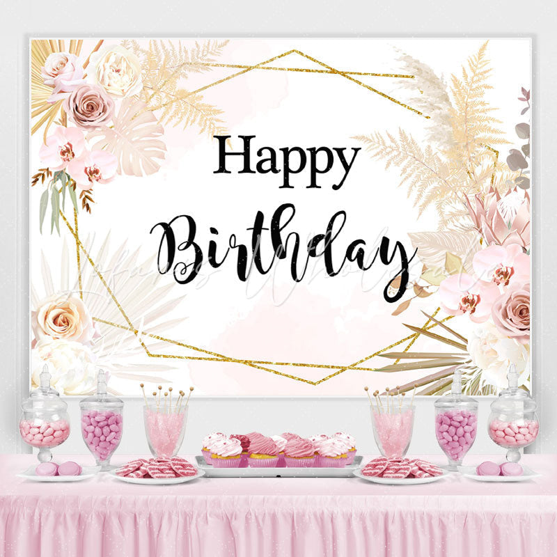Lofaris Happy Birthday Floral Gold Leaves Geometry Backdrop for Party