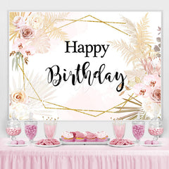Lofaris Happy Birthday Floral Gold Leaves Geometry Backdrop for Party