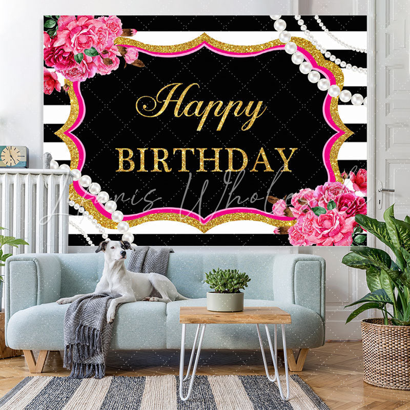 Lofaris Happy Birthday Floral Pearls Black White Backdrop for Party